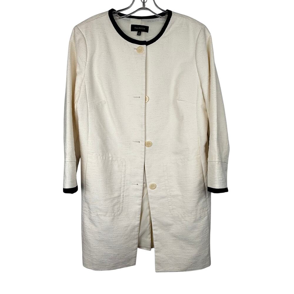 Talbots Cream Textured Coat Size 12 Black Trim Longline Coat Classic Minimalist
